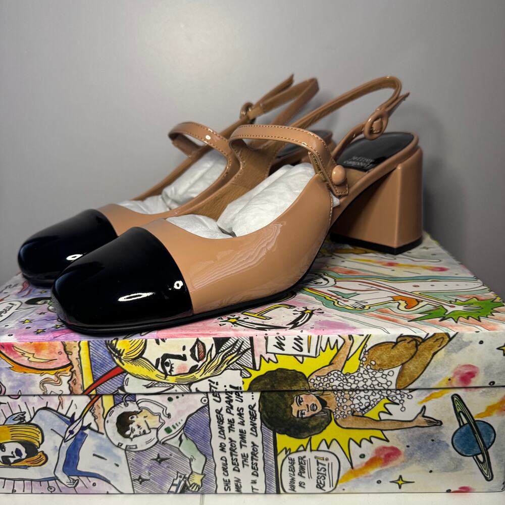 New Jeffrey Campbell Dollz Cap Toe Slingback Pumps Beige Black Buckle Sz 9